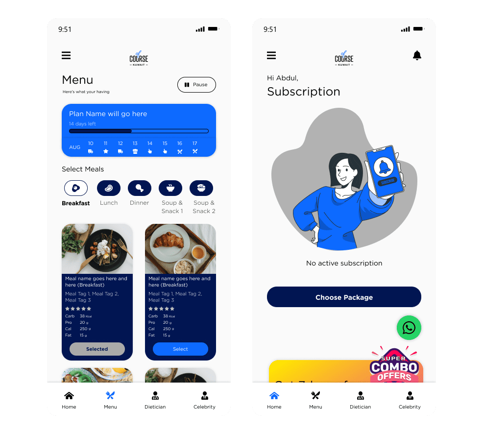 Key UI — Menu and Subscription screens
