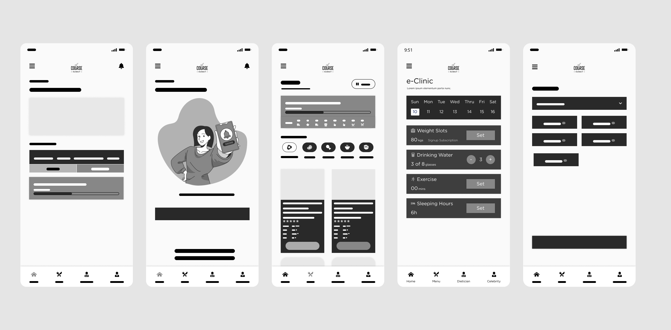 Lo-fi wireframes — subscription, menu, e-Clinic, edit profile