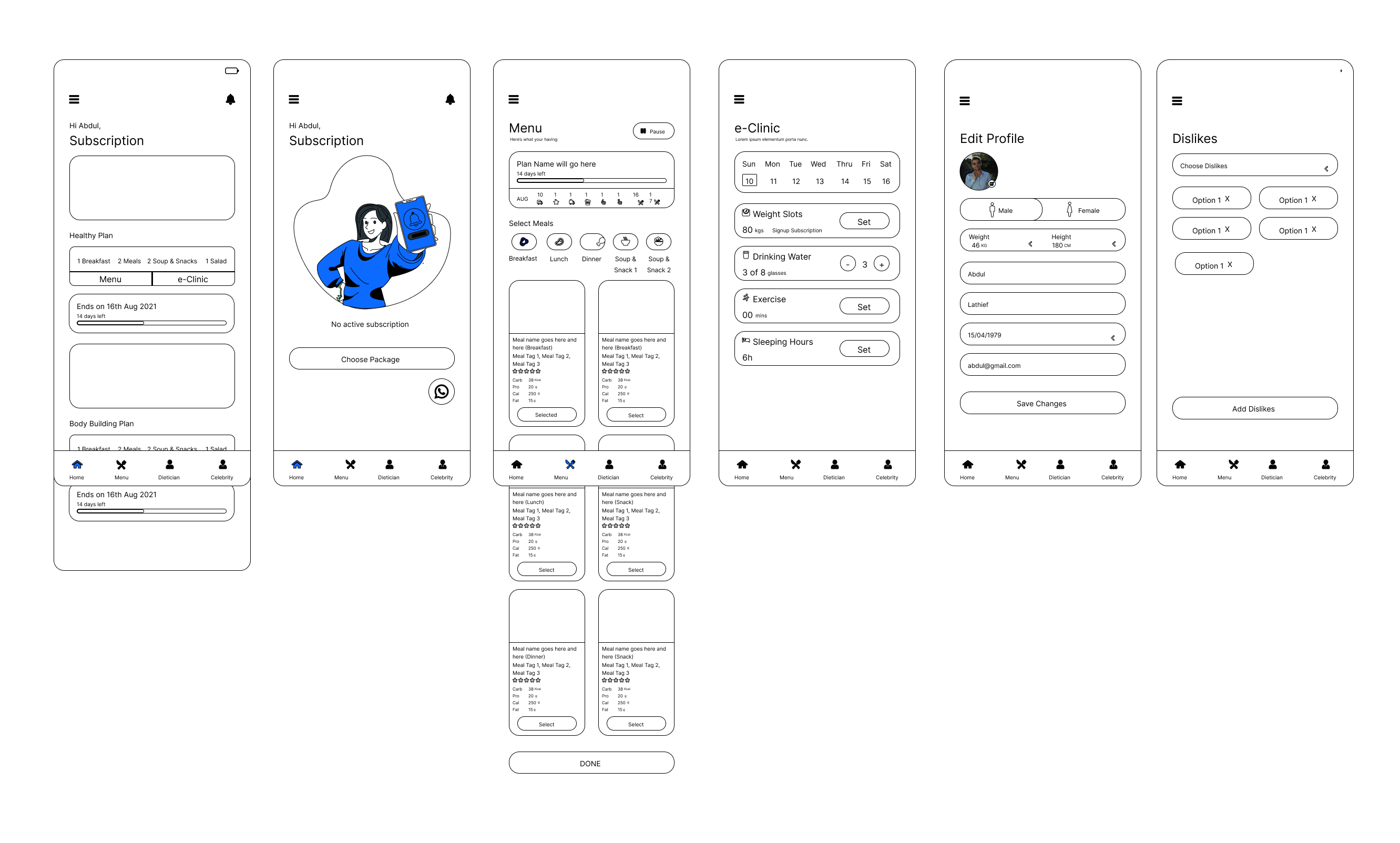 Detailed wireframes — full screen set