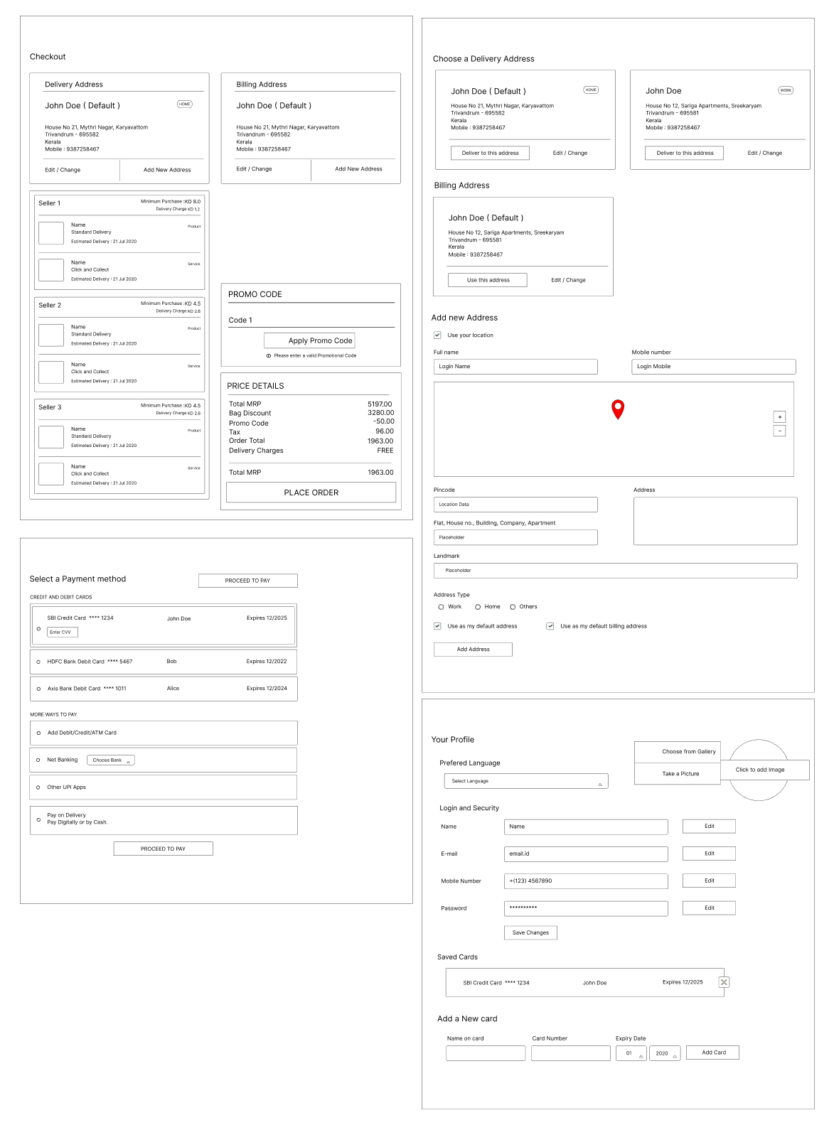 Cocopalms wireframes — checkout, address, payment, profile